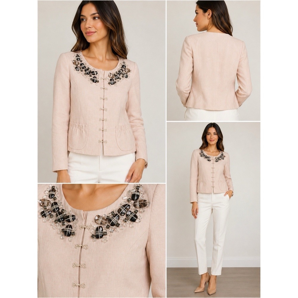 Robert Rodriguez Linen Embellished Jewel Neck Hook & Eye Jacket Blush Pink Women - Picture 1 of 10